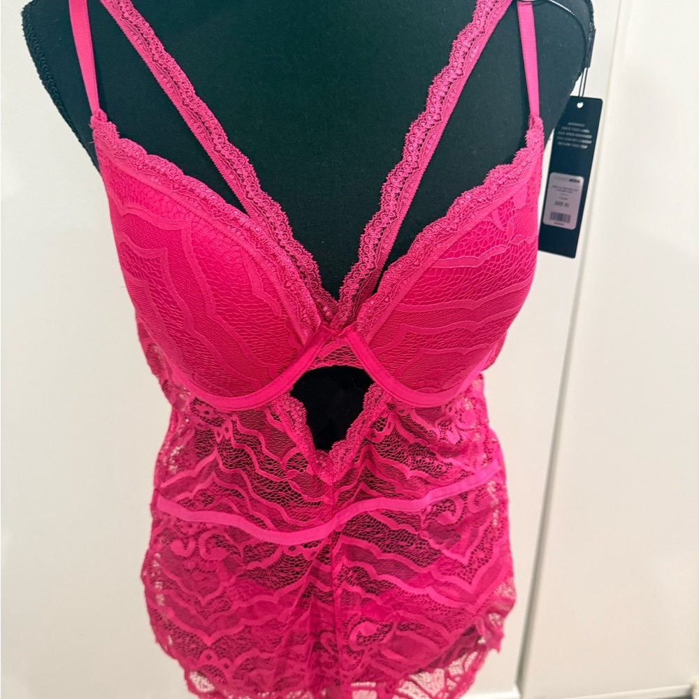 Fashion Nova Hot Pink Lace Teddy Chemise
